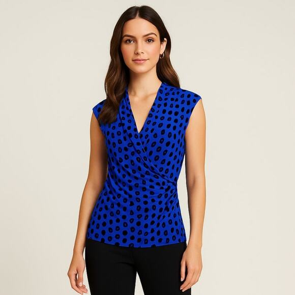 Chaus New York Blue Black Wrap Sleeveless Blouse Sz Small - Picture 1 of 11